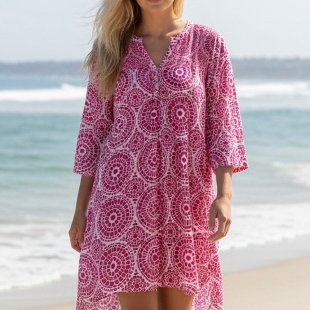 Women Pink Geometric Medallion Embroidered Cotton Tunic Dress L Boho Coastal